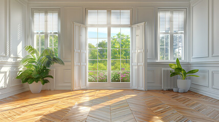 Fototapeta premium A room with wooden floors and glass windows in sunlight