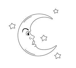 Obraz premium Vector isolated fairy tale crescent moonwith face and stars colorless black and white contour line easy drawing