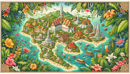 Intricate and Colorful Map of Thailand's Tourist Attractions