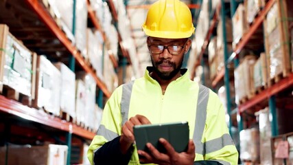 Black man, tablet and inspection for logistics in warehouse with inventory checklist, supply chain and distribution. Person, digital and industry stock, storage service and manufacturing quality - Powered by Adobe