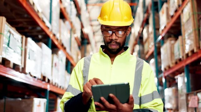 Black man, tablet and inspection for logistics in warehouse with inventory checklist, supply chain and distribution. Person, digital and industry stock, storage service and manufacturing quality