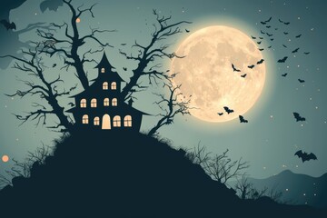 Fototapeta premium An old, spooky house on top of a hill with a full moon
