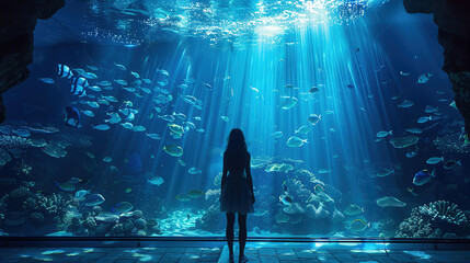 Fototapeta premium Sea World Aquarium Silhouette. Natural Underwater Creature Background with Copy Space