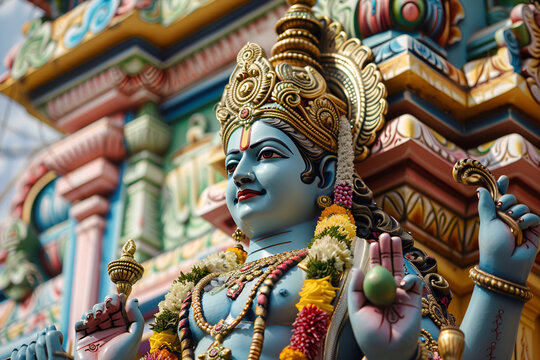 Vibrant statue of Lord Vishnu at a Hindu temple