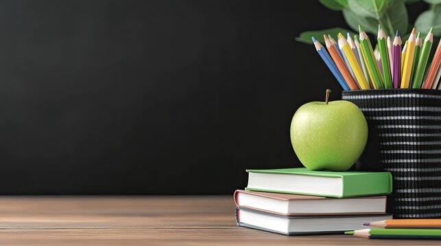 A green apple rests on stacked books next to a container of colored pencils, creating a vibrant study environment - Powered by Adobe