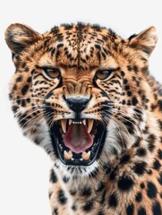 Obraz premium Close-up shot of a leopard's open mouth, showcasing its sharp teeth and tongue