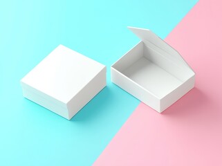 Three-dimensional rendering of a blue-pink branding mockup with two boxes.
