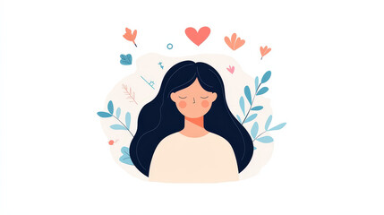 Woman with calm expression surrounded by positive affirmations, Mental Health,