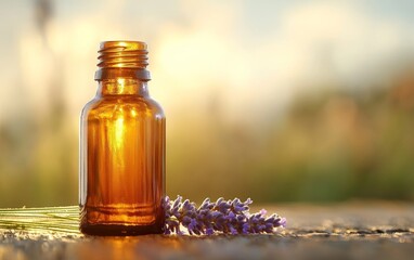 A tranquil scene featuring a glass bottle of lavender essential oil beside blooming lavender, reflecting warm sunlight.