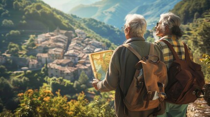 couple of grandparents travelers in a town looking at a map