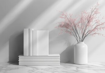 A mock up of a hardcover book isolated on a soft gray background. The image is 3D illustrated.