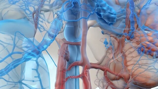 A close up of a person's internal organs, with the red and blue veins clearly visible. Concept of awe and wonder at the complexity of the human body