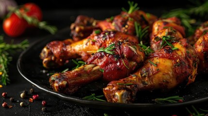 Juicy roasted chicken drumsticks garnished with fresh herbs and spices, presented on a dark plate with vibrant colors.