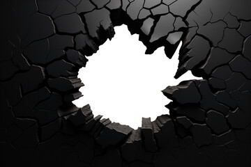 Hole breaking through a Black wall PNG Concrete Wall Damage isolated on white and transparent background - Wall Crack Penetration Breakthrough Movie Assets