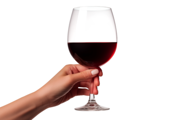 Female Hand Holding a Glass Of Wine PNG isolated on white and transparent background - Red wine Elegant Glass Toast Beverage Drinking Concept