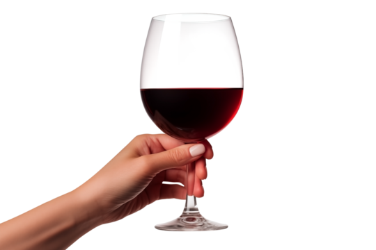 Female Hand Holding a Glass Of Wine PNG isolated on white and transparent background - Red wine Elegant Glass Toast Beverage Drinking Concept