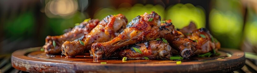 Deliciously grilled chicken wings served on a wooden platter, garnished with herbs, perfect for any barbecue or gathering.