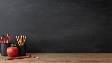 A red apple rests on stacked books next to a container of colored pencils, creating a vibrant study environment