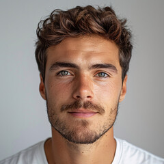 Obraz premium Portrait or passport photo of a middle-aged Caucasian man with dark hair and blue eyes 