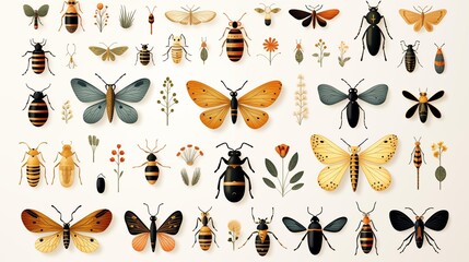 Fototapeta premium A collection of insects, including butterflies and bees