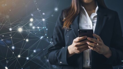 Businesswoman Using Smartphone with Network Graphic