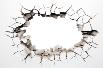 Hole breaking through white wall PNG Concrete Wall Damage isolated on white and transparent background - Wall Crack Penetration Breakthrough Movie Assets