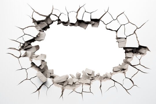 Hole breaking through white wall PNG Concrete Wall Damage isolated on white and transparent background - Wall Crack Penetration Breakthrough Movie Assets