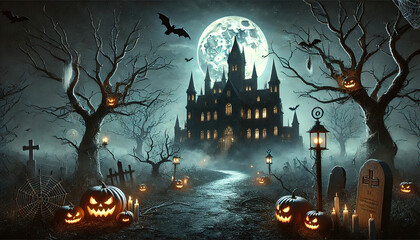 Eerie Halloween Night with Haunted Castle and Jack-o'-Lantern Path