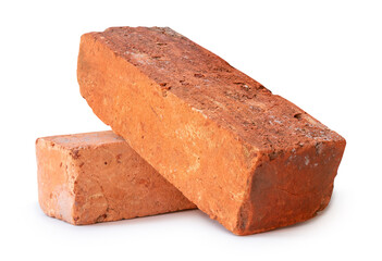 Side view of old red or orange bricks in stack isolated on white background with clipping path