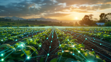 Smart farming with digital grid overlays that improve crop rows. Smart Agriculture Concept