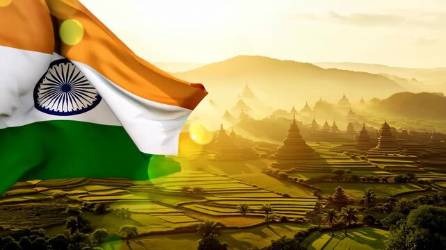 Motion of Indian national flag waving on the sky with beautiful landscape on sunrise. Independence Day and Republic day of India. Labour Day. Maharashtra Day. Election in India. Patriotic background