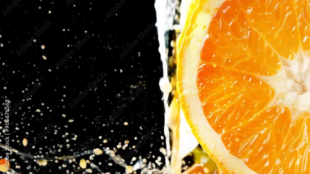 Poster A splash of orange juice is poured over a slice of orange. The orange juice is splashing out of the glass and onto the table
