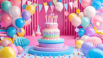 Colorful birthday party scene with a large tiered cake, balloons, and festive decorations in vibrant pink and blue colors.