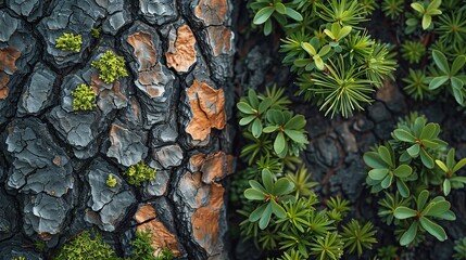 Close-up view of tree bark and moss, highlighting the intricate details of biodiversity and the role of sustainable forestry in maintaining healthy ecosystems. high resolution Illustration, in the