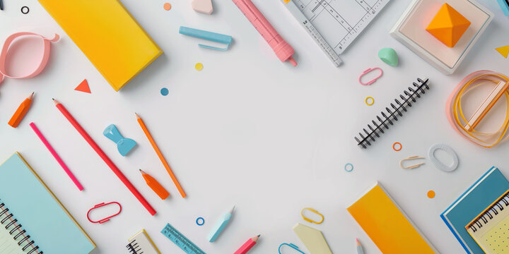 Abstract background with school supplies and white backdrop with transparent overlays, clean and minimalist style.