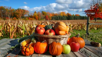 Thanksgiving Day.Basket Of Pumpkins, Apples And Corn On Harvest Table With Field Trees And Sky Background