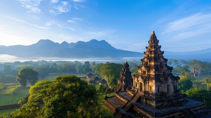 A stunning sunrise view of an ancient temple surrounded by lush greenery and mountains in the background.