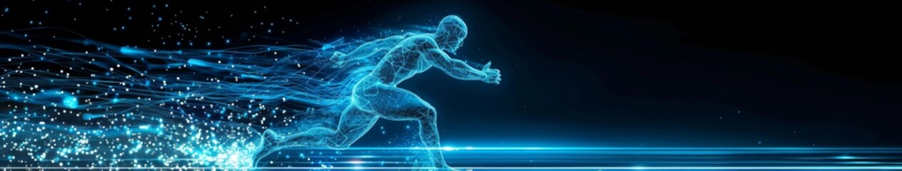Abstract Digital Runner Human Athlete with Neon Wireframe Background, a Futuristic Neon Art Illustration of Motion and Technology