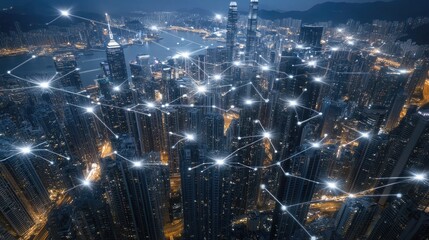 A vibrant cityscape showcases glowing buildings and illuminated streets, creating a striking visual of urban life during nighttime