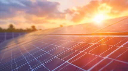 A stunning sunset reflects on solar panels, showcasing sustainable energy and innovation in a vibrant landscape.
