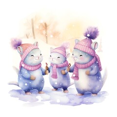 Adorable illustration of three cute winter animals wearing hats and scarves, standing in the snow and holding candles.