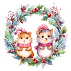 Fototapeta premium Cute Christmas hamsters wearing scarves, sitting in a festive wreath adorned with holly and berries, watercolor illustration.