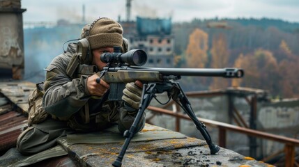 Fototapeta premium Infantry soldier shooting during military combat training. war, army, weapon, technology and people concept.