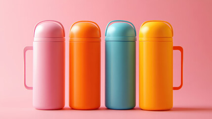 Stylish and Colorful Insulated Drink Containers Set Against a Trendy Background Design