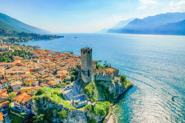 View of the Scaliger Castle of Malcesine. Malcesine, Lake Garda, Italy