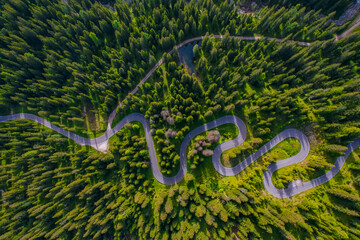Snake Road in the Dolomites. Sunrise aerial forest