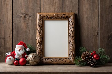 Fototapeta premium Christmas background empty wooden picture frame mock up and decoration