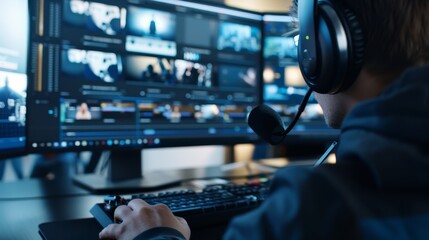 Fototapeta premium Creative video editor in action, with their screen filled with editing software, combined with abstract artistic elements in double exposure