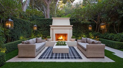 A spacious living area showcases stylish furniture, a stone fireplace, and large windows allowing abundant natural light and views of the lush outdoors