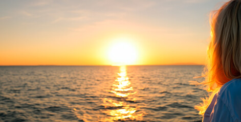 a woman watching a sunset on a torpical beach generated with artificial intelligence
